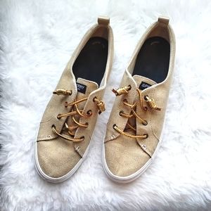 Lightly worn Sperry gold canvas & leather laces slip on shoes
